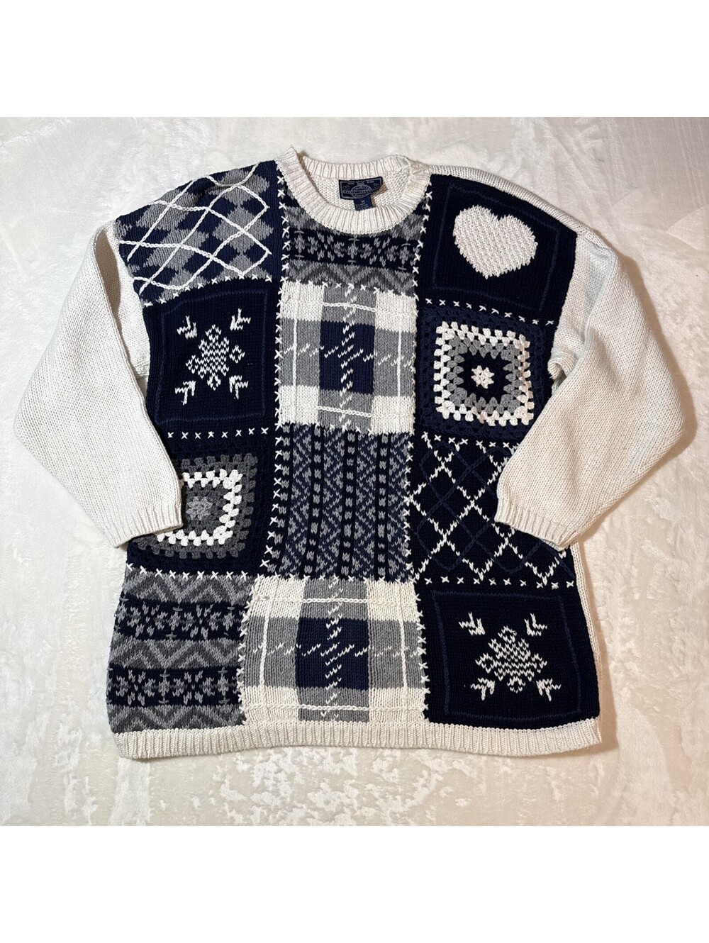 Vintage Hand Knit Patchwork Sweater Blue Cottagecore 3XL